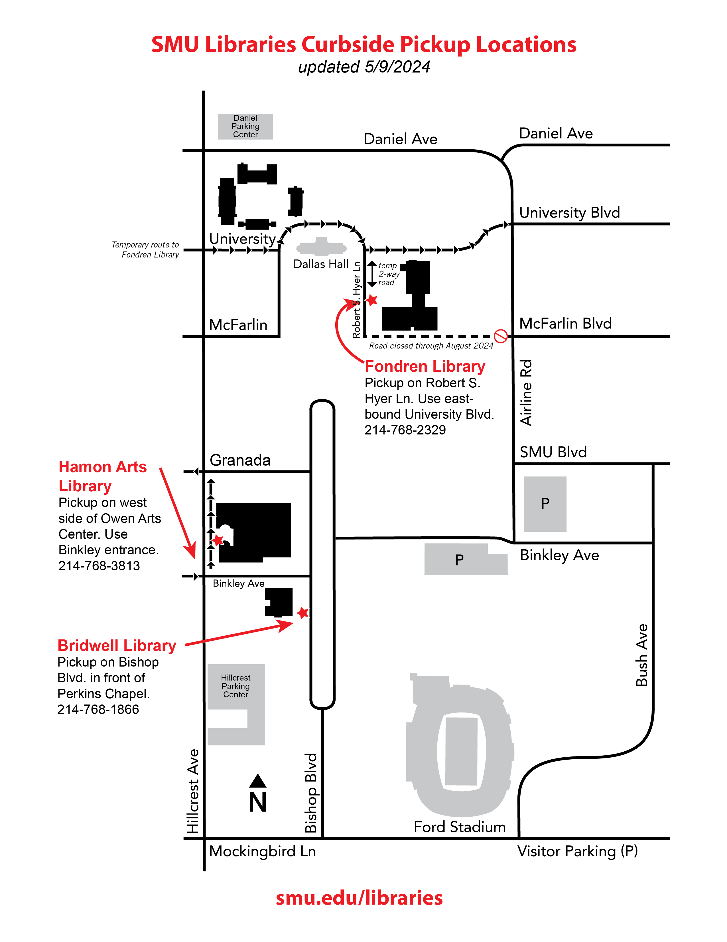 map of library curbside pickup locations at SMU