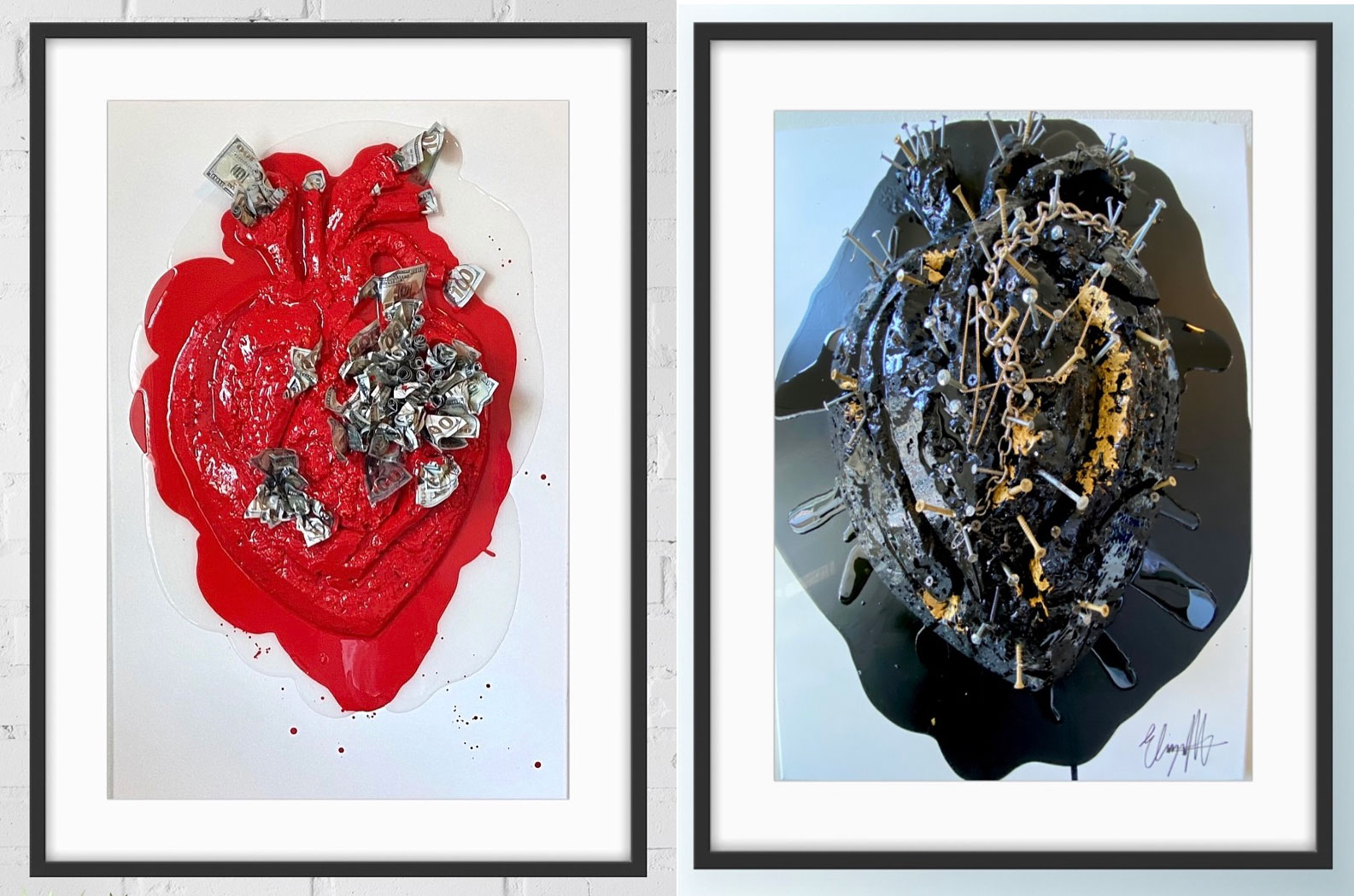 Two pieces of artwork that depict anatomically correct hearts in red and black.
