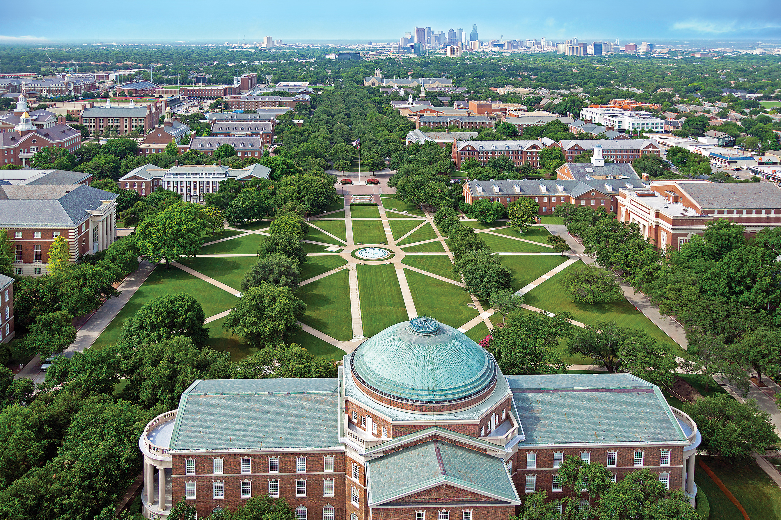 Aerial view of campus facing south from Dallas Hall