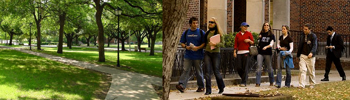 Two pictures of outdoor SMU Campus, one has students walking