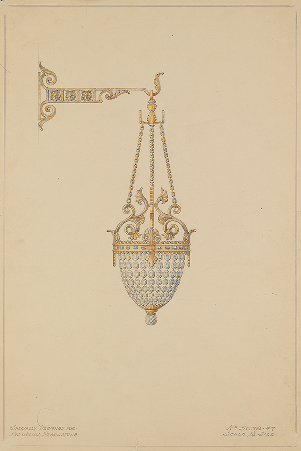 [Wall-Mounted Crystal Urn Pendant with Baroque Leaf Motif and Fleur-de-lis and Gemstone Accents], 1947