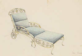 [Patio Chair and Footstool with Cushions, Maple Leaf Motif, and Scrollwork Accents], 1941