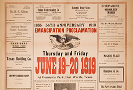 Juneteenth, 54th anniversary Emancipation Proclamation, 1865-1919, Thursday and Friday, June 19-20, 1919 at Herman's Park, Fort Worth, Texas