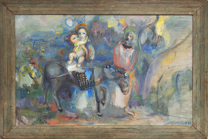 Painting of Mary and baby Jesus on a donkey led by Joseph by Fred Nagler.