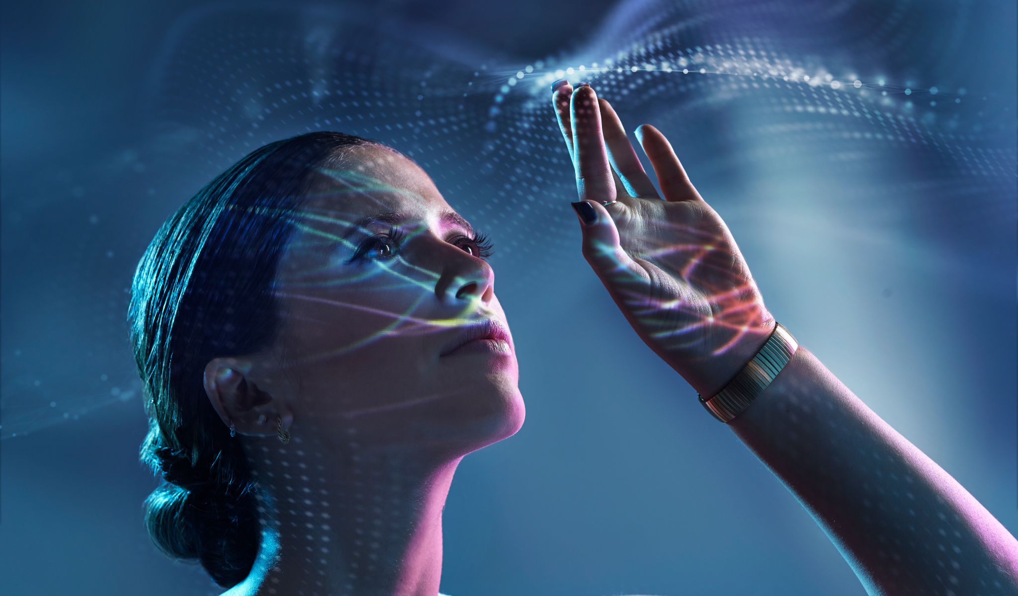 Image of woman interacting with abstract virtual experience