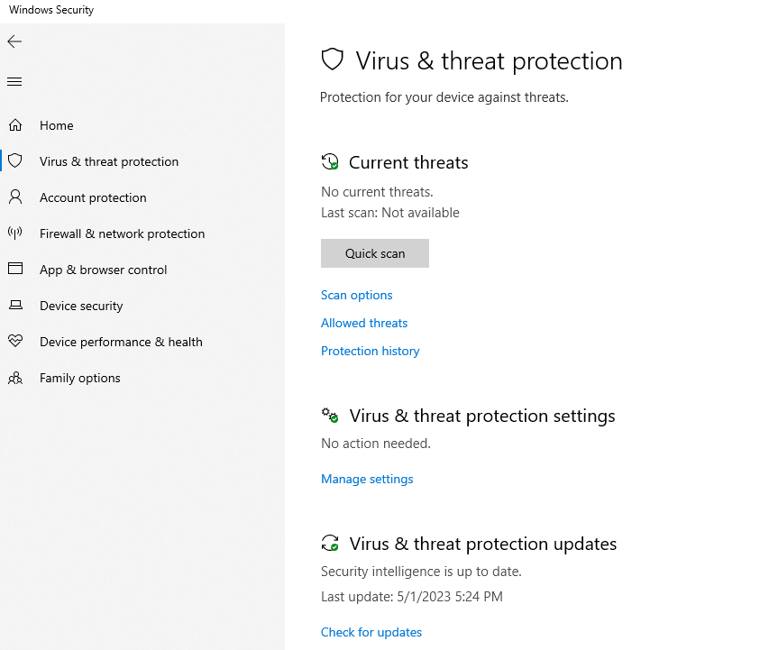 A screenshot of the Quick Scan option in Windows 10.