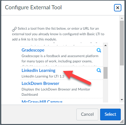 A screenshot of the LinkedIn Learning LTI tool option as an external tool in Canvas.