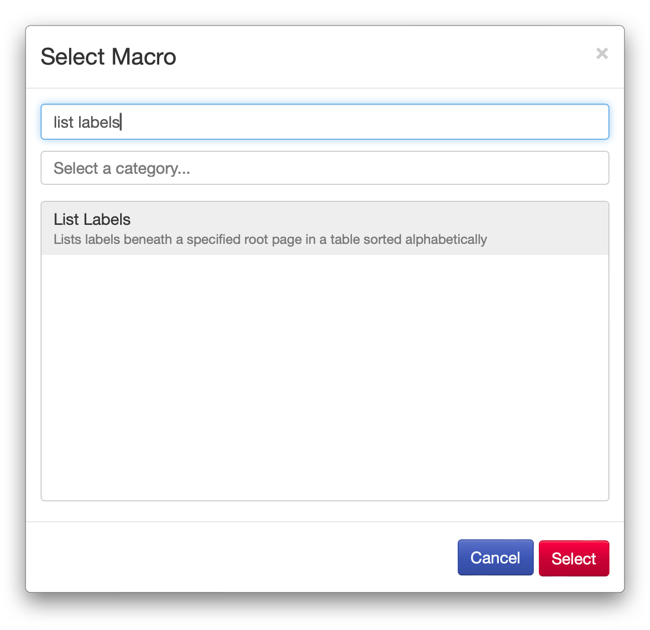 screenshot of selecting a macro in XWiki
