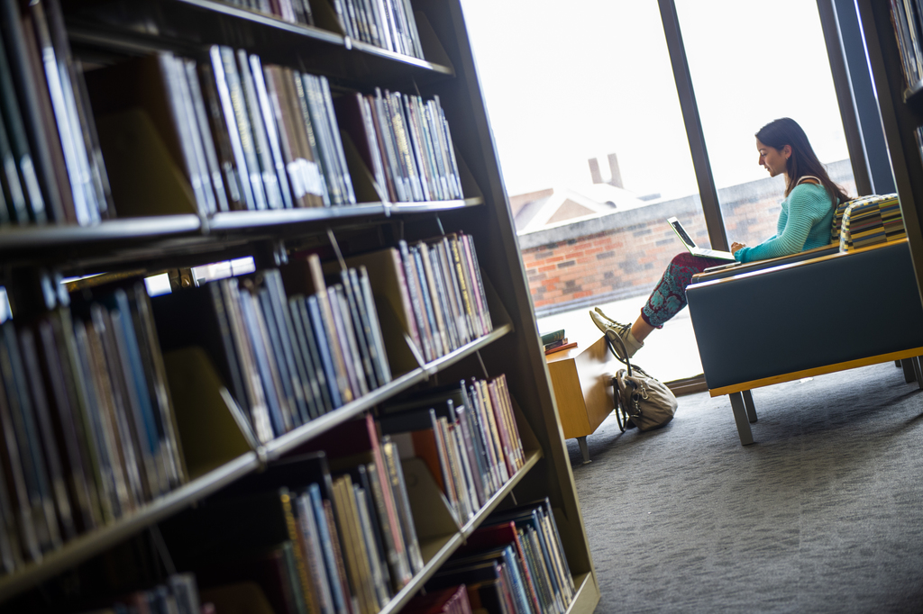 Student is studying in the library with her laptop open on her lap. She sits in an armchair in front of a large window, and the picture is framed by library bookshelves on either side.