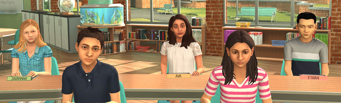 Middle school student avatars in classroom environment.