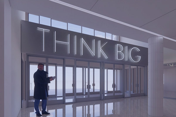 Front entrance of West Dallas STEM school with Think Big statement