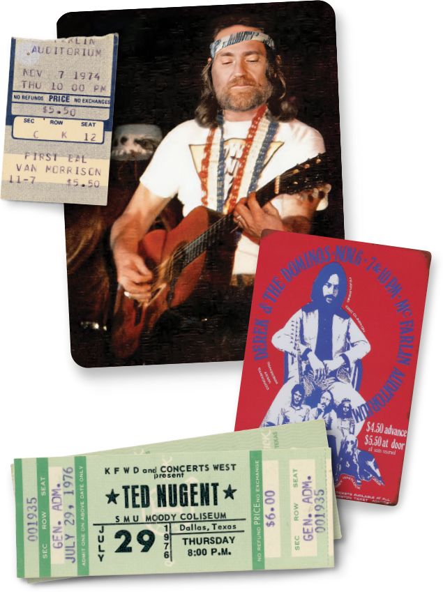 Willie Nelson photo live at Moody Coliseum, Van Morrison ticket stub, Derek & the Dominos concert poster and Ted Nugent tickets