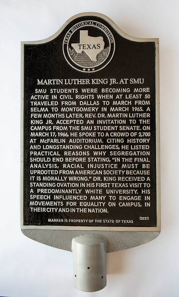 A plaque commemorating Rev. Dr. Martin Luther King Jr's visit to SMU