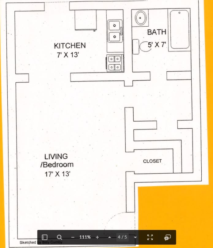 Hillcrest Efficiency Floor Plan Map with Dimensions