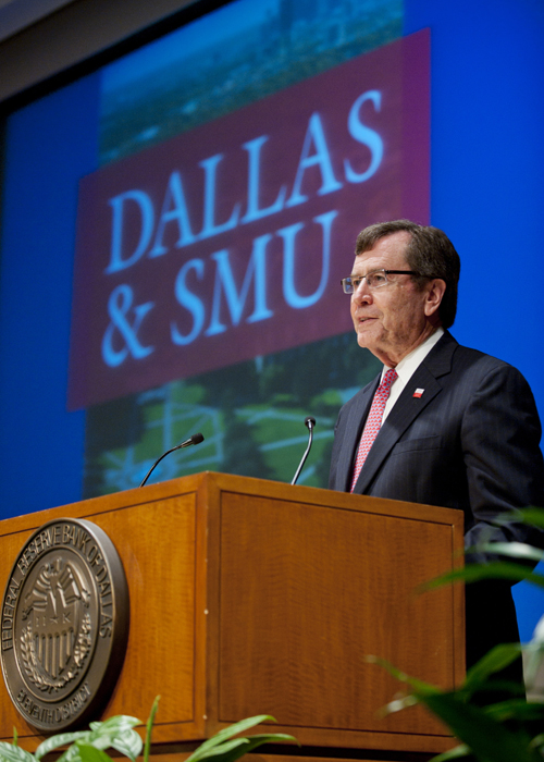 SMU President R. Gerald Turner speaks at the Federal Reserve Bank of Dallas on 17 April 2012.