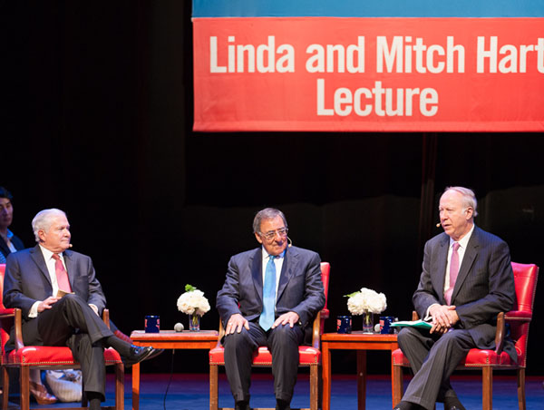 Former Secretaries of Defense Robert M. Gates and Leon E. Panetta with CNN political analyst David Gergen at SMU on 17 September 2013
