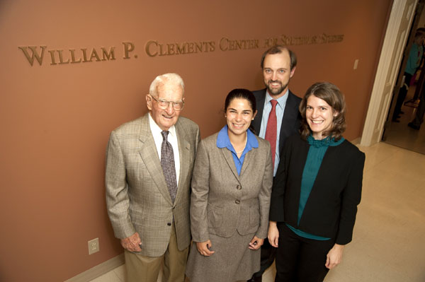 Bill Clements with Clements Center Fellows Sarah Cornell, Norwood Andrews, and Cathleen Cahill.