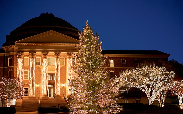 Dallas Hall with holiday lights