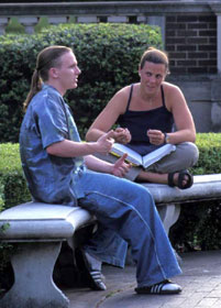 students on bench