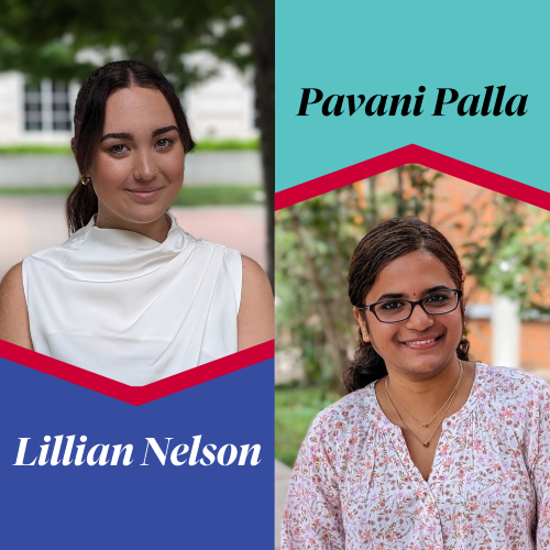 Student workers Lillian Nelson (left, with red chevron and blue background below) and Pavani Palla (right, with red chevron and teal background above). Both are smiling.
