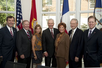Hart Center Announcement - From left to right are R. Gerald Turner, SMU President; Bobby B. Lyle, SMU trustee and engineering school namesake; Karen Shuford, philanthropist and Lyle School Executive Board member; Mitch Hart, chairman of Hart Group, Inc.; Linda Hart, chairman of Imation Corp.; Art De Geus, chairman and CEO of Silicon Valley company Synopsis and Geoffrey Orsak, dean of the SMU's Lyle School of Engineering