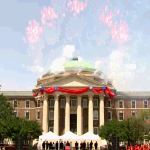 Dallas Hall surrounded by fireworks 15april2011