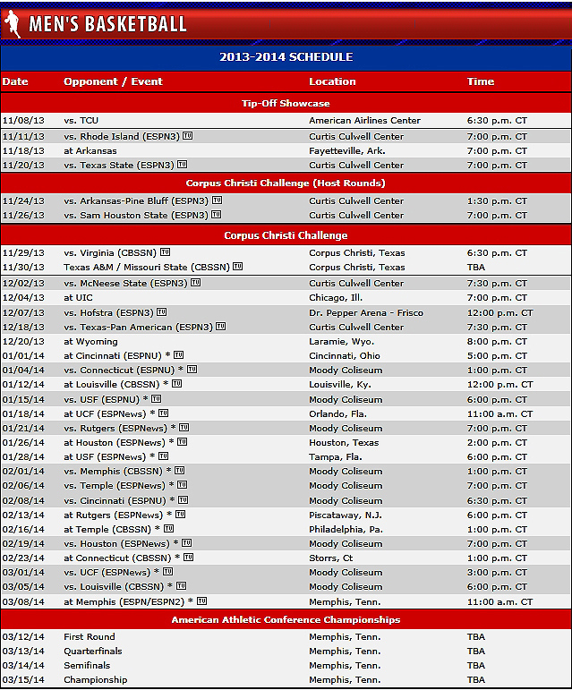 SMU Men's Basketball Schedule 2013-14