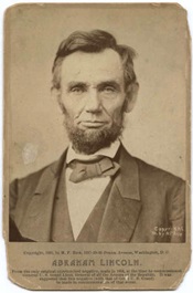 1864 portrait of Abraham Lincoln. Original glass plate negative by Alexander Gardner; later print by Moses Rice. 