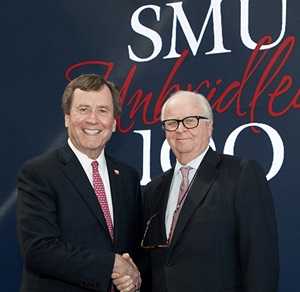 Gerald J. Ford (right) shakes hands with SMU President R. Gerald Turner