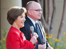 Former First Lady Laura Bush and Alan Lowe, director of the Bush Library, greet reporters in the museum’s re-creation of the White House Rose Garden. Mrs. Bush thanked SMU, her alma mater, for its partnership making possible the new presidential library and museum. 