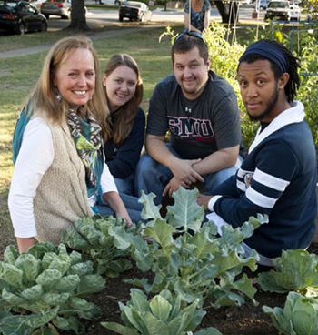 Professor Elaine Heath, Katrina Culberson, Benjamin Bagley and Larry Crudup at SMU's Community Garden