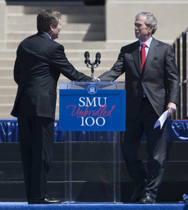 SMU President R. Gerald Turner shakes hands with Former U.S. President George W. Bush