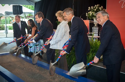 On Sept. 12 SMU broke ground on Harold Clark Simmons Hall, the second new building for the Annette Caldwell Simmons School of Education and Human Development. From left are: Brad Cheves, vice president for development and external affairs; Miriam Ortiz, Ph.D. student who gave the invocation; R. Gerald Turner, SMU president; Mrs. Simmons, donor; David Chard, Simmons School dean; and Mike Boone, chair of the SMU Board of Trustees.