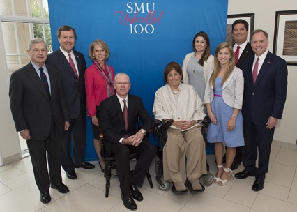 SMU Board of Trustees Chair Michael M. Boone, SMU President R. Gerald Turner, Mrs. Gail Turner, Richard Templeton, Mary Templeton, daughter Stephanie Templeton, engineering student Elizabeth (Liz) Dubret, Lyle Engineering School Dean Marc P. Christensen, and Brad E. Cheves, SMU Vice President for Development and External Affairs.