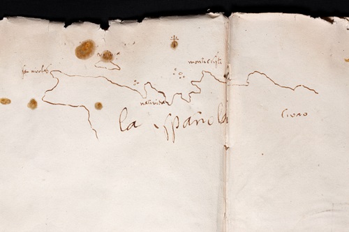1492. Christopher Columbus’ Logbook documenting the journey of discovery of the New World. Map of La Español. Paper, covered in parchment. Colección Duques de Alba