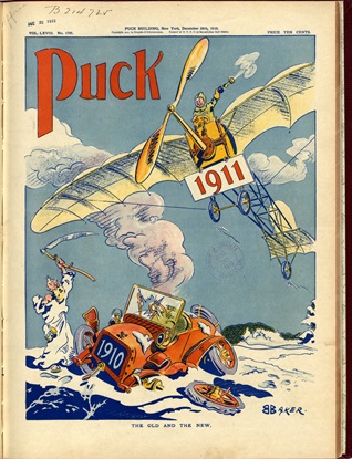 This 1910 illustration by Bryant Baker shows 1911 arriving by plane, while Father Time looks aghast at the airplane and car wreck labeled 1910.
