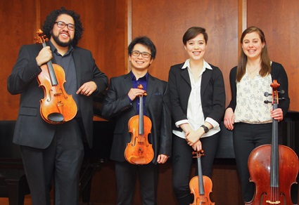 The group includes four Meadows music students and alumni: senior Eleanor Dunbar, violin; Mai Ke, who studied at the National Music Academy of Ukraine and earned a Performer’s Diploma at Meadows in 2014, violin; Steven Juarez, who studied at the Peabody Conservatory and SMU, viola; and Elizabeth White, who earned her bachelor’s degree in May, cello.