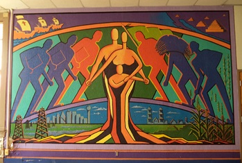 Photo of Raizes Hispanas, a commissioned mural in the Pike Park Field House by artist Juan Manuel Campos, 1988.