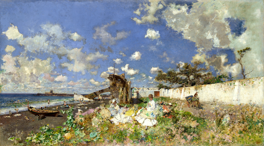 Mariano Fortuny y Marsal (Spanish, 1838–1874), Beach at Portici, 1874. Oil on canvas, 27 x 51 ¼ in. (68.6 x 130.2 cm). Meadows Museum, SMU, Dallas.