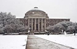 Dallas Hall during snow fall on 11 February 2010
