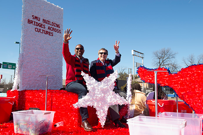 Dr. Turner and Vice President Mmeje aboard a float at the 2018 MLK parade in downtown Dallas.