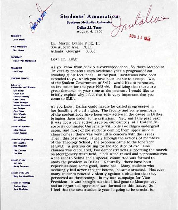 Letter of invitation to Dr. Martin Luther King Jr. from the Student Senate
