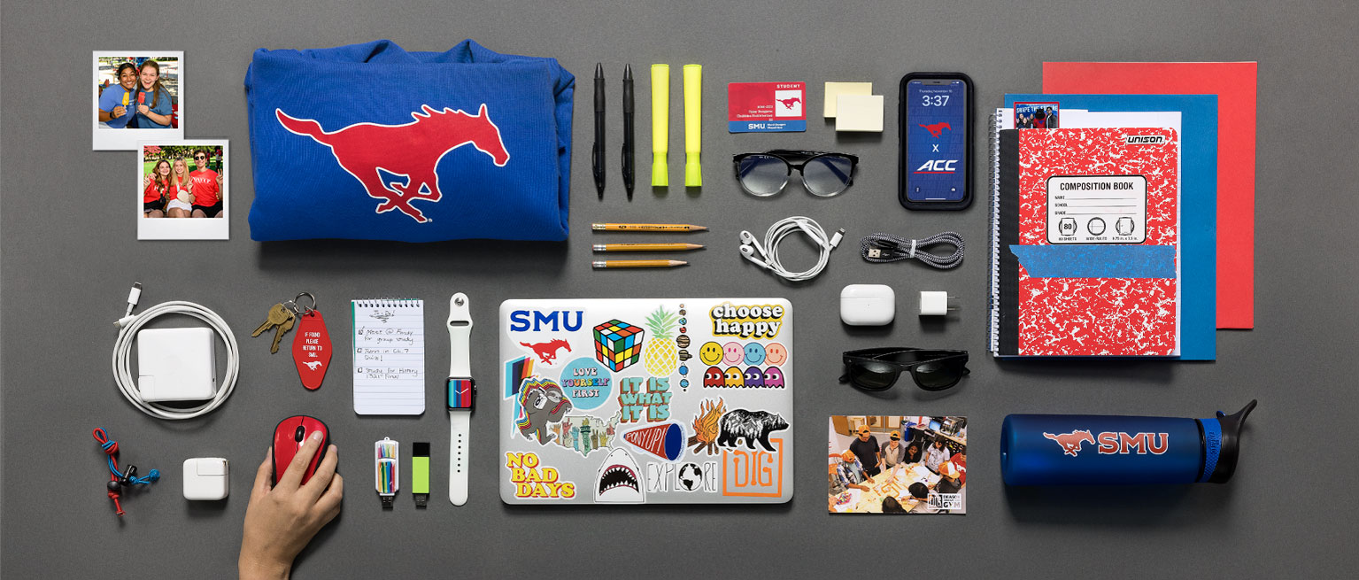 Table featuring SMU swag