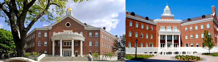 Two images of the exterior of Caruth Hall