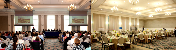 Two pictures of the interior of the The Martha Proctor Mack Grand Ballroom