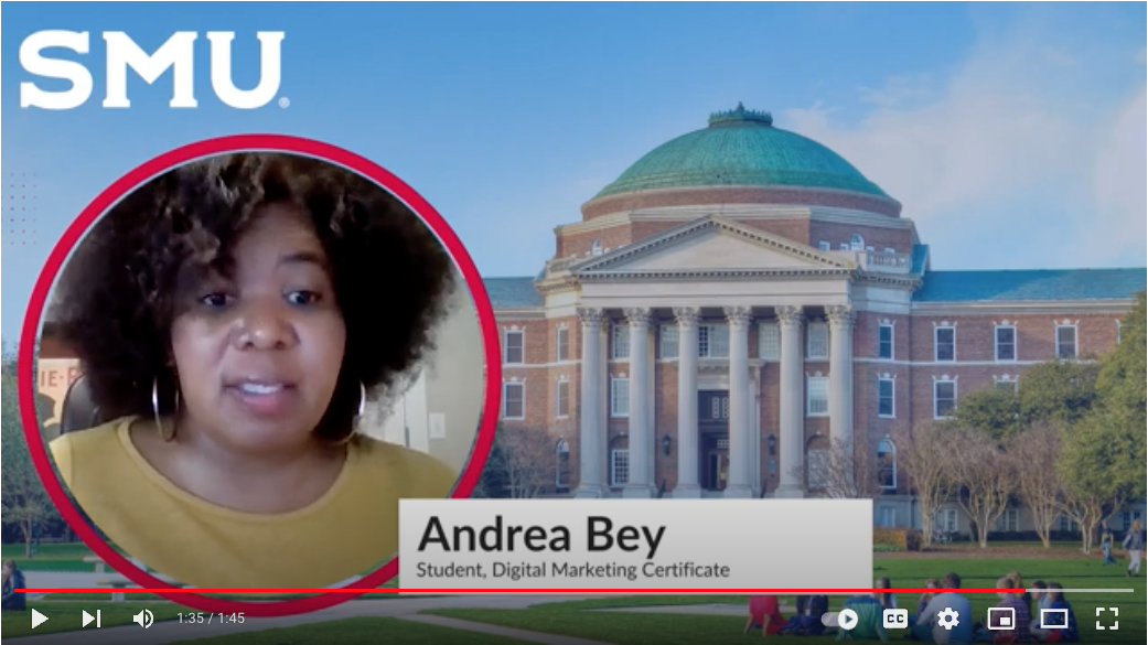 Still of video with Digital Marketing student Andrea Bey and an image of Dallas Hall