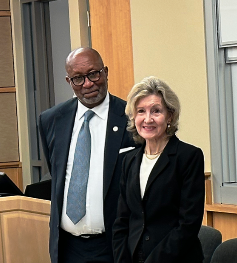 Sen Kay Bailey Hutchison and Amb Ron Kirk stand together in classroom