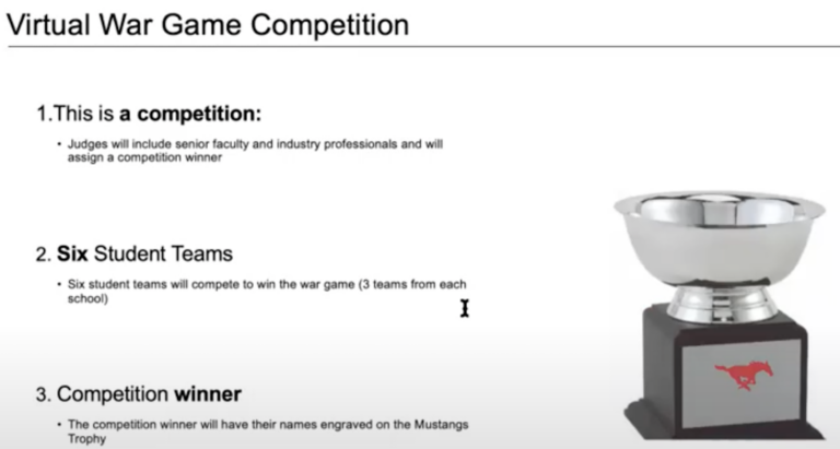 The virtual War Games presentation announces the grand prize: the SMU Cox Mustangs Trophy.