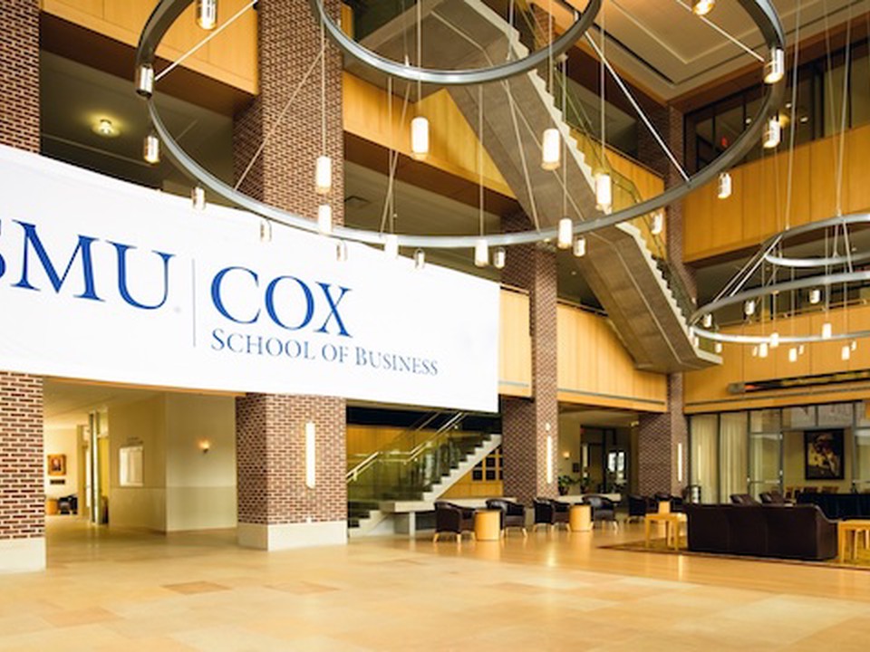 The interior common area and staircases of the SMU Cox School of Business