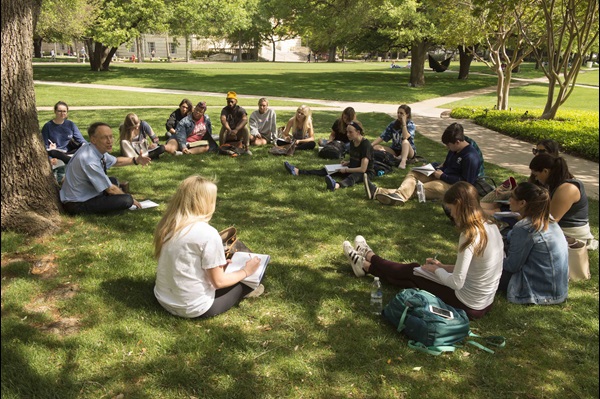 group on the Dallas Hall lawn